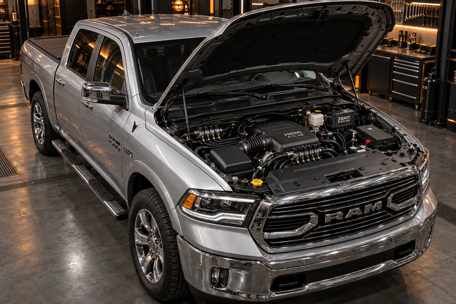 RAM 1500 5.7 HEMI with open hood and illustrative Zenit Black Box LPG system — AI image